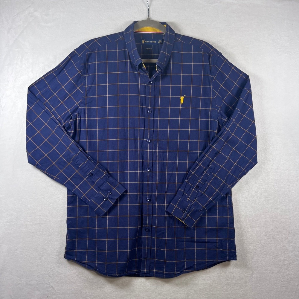 Polo Sport Ralph Lauren Mens XXL Navy Yellow Windowpane Check Button Down Shirt